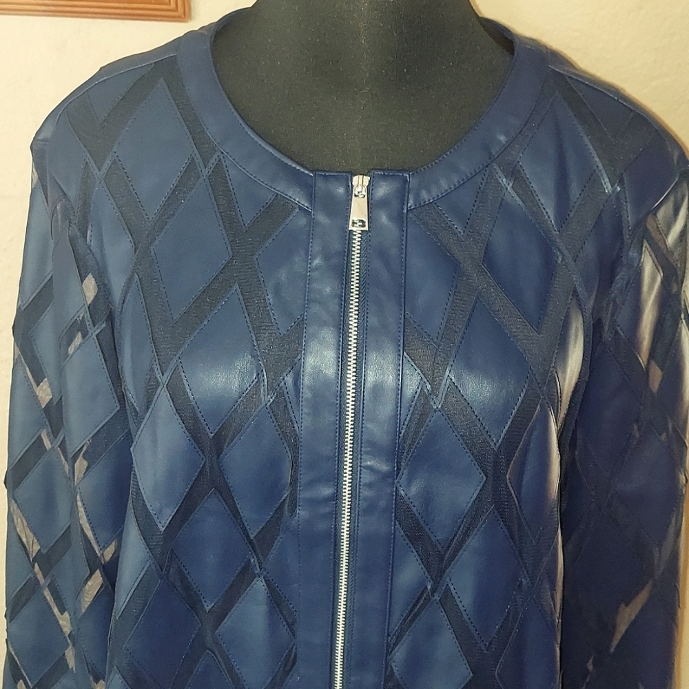 Women's Colleen Lopez Vegan Leather Checkered Sheer Zip Jacket - Picture 6 of 10